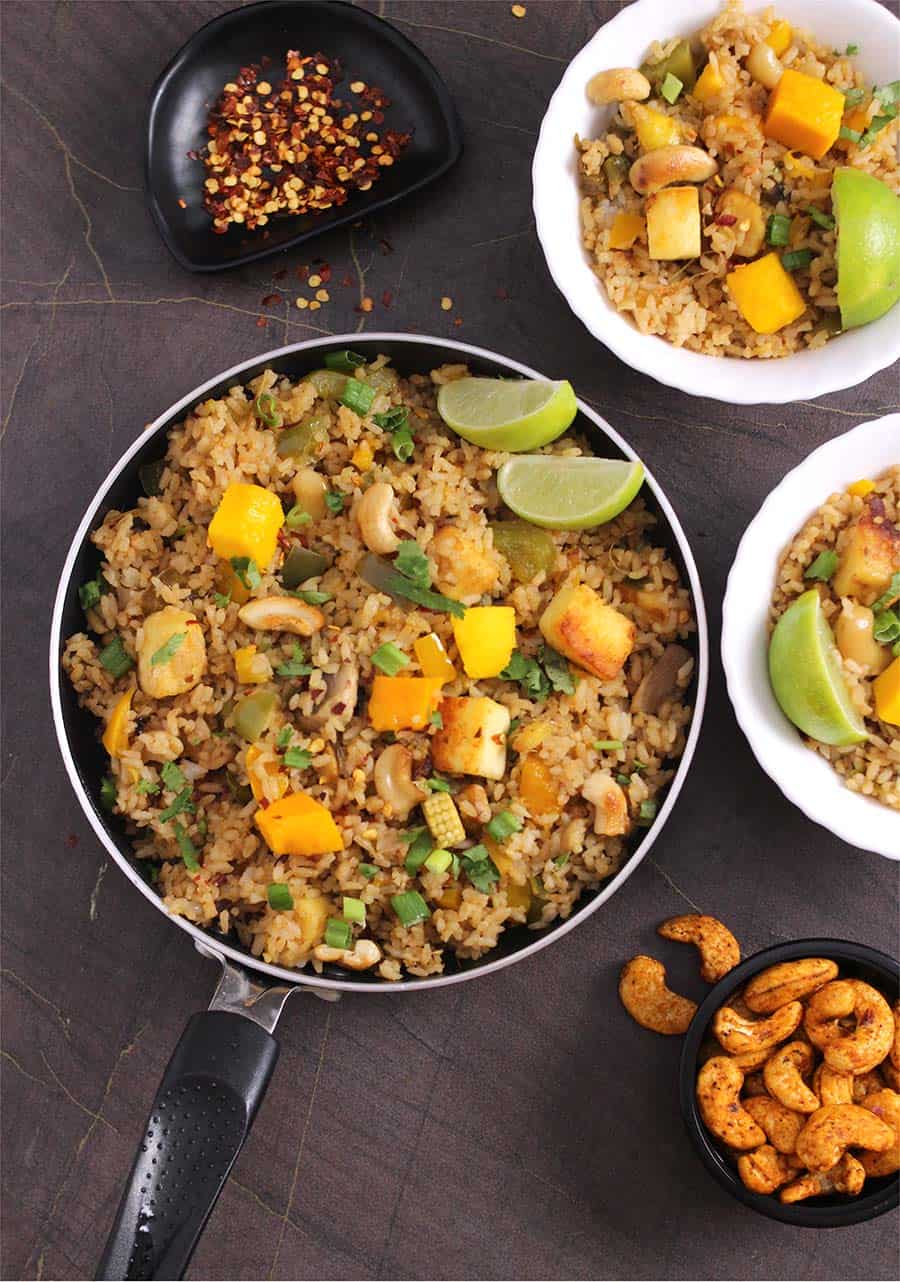 Thai Mango Fried Rice, vegetable or veg or veggie Fried Rice, quick and easy vegetarian meals recipes for lunch and dinner, thai food, chicken fried rice instant pot rice #thaibasil #thaistyle #thaifood #friedrice #pineapplefriedrice #veganrice