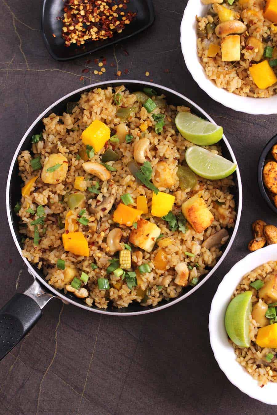 Thai Mango Fried Rice, vegetable or veg or veggie Fried Rice, quick and easy vegetarian meals recipes for lunch and dinner, tofu or paneer fried rice, thai food, instant pot rice #thaibasil #thaistyle #thaifood #friedrice #pineapplefriedrice #veganrice
