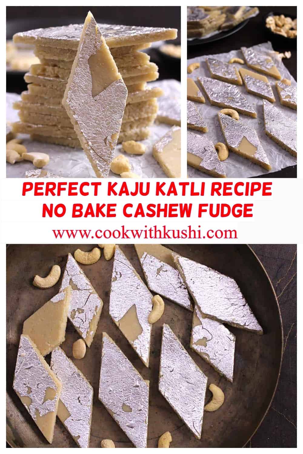 3 images of best and perfect kaju katli made at home using 3 ingredients 