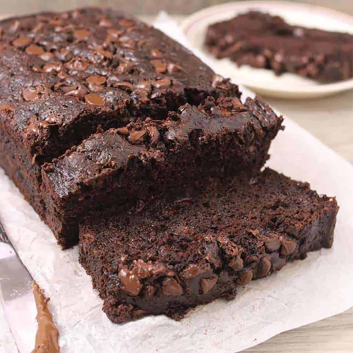 best chocolate zucchini bread with chocolate chips and one moist slice. 