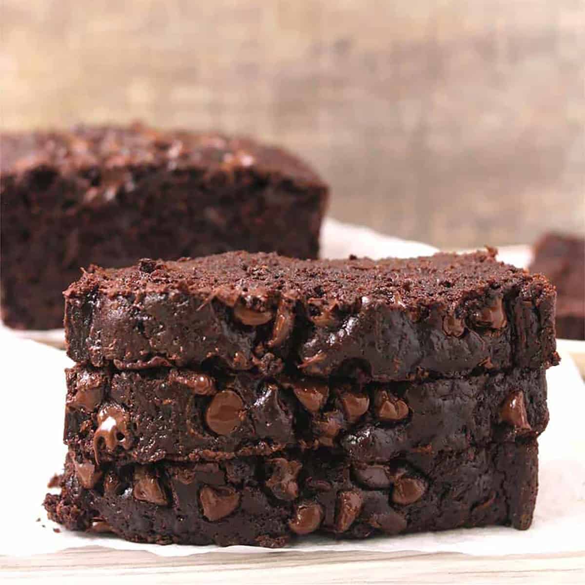 stack of best, easy moist zucchini chocolate bread. 