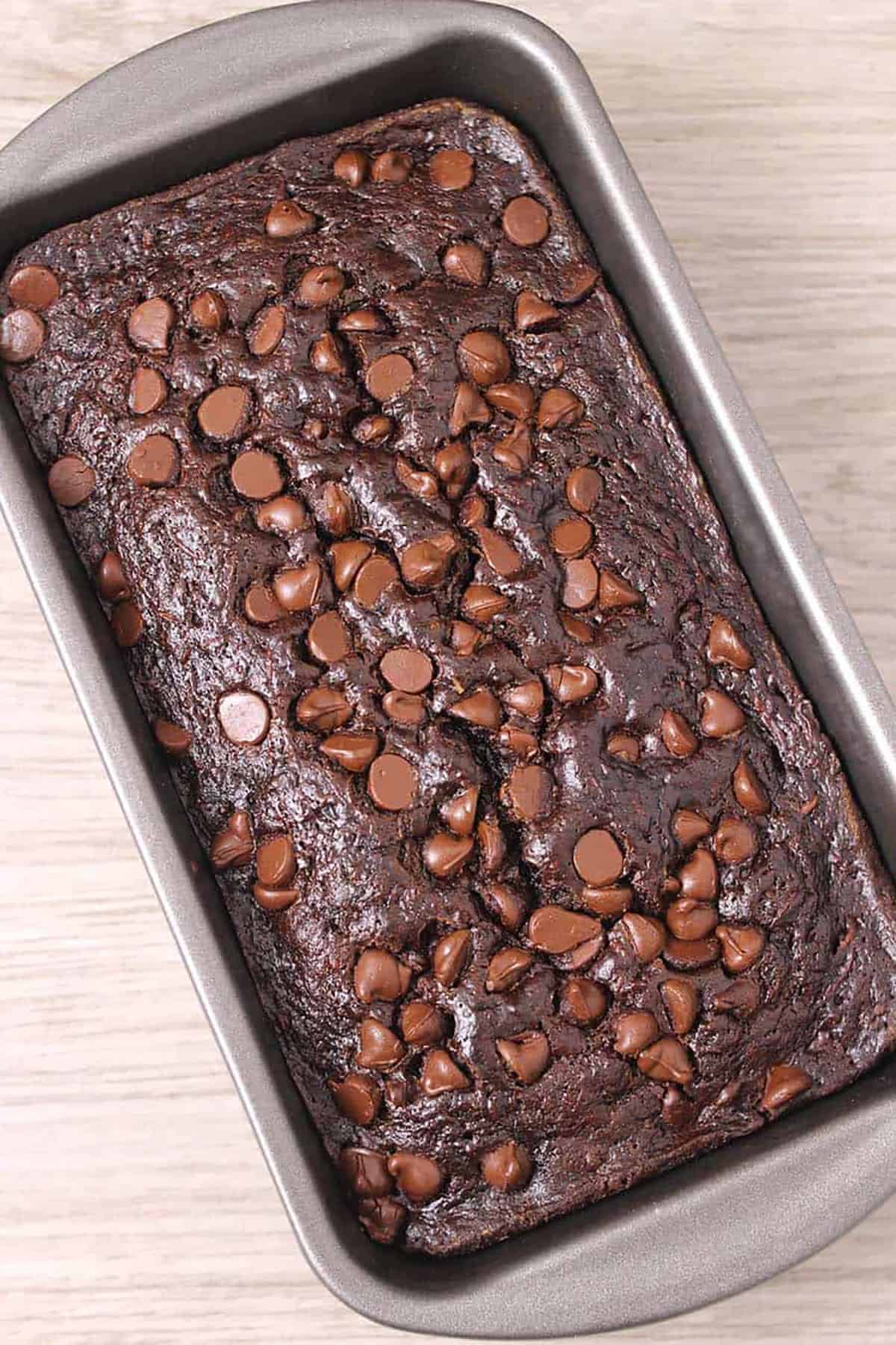 loaf of death by chocolate zucchini bread topped with chocolate chips. 