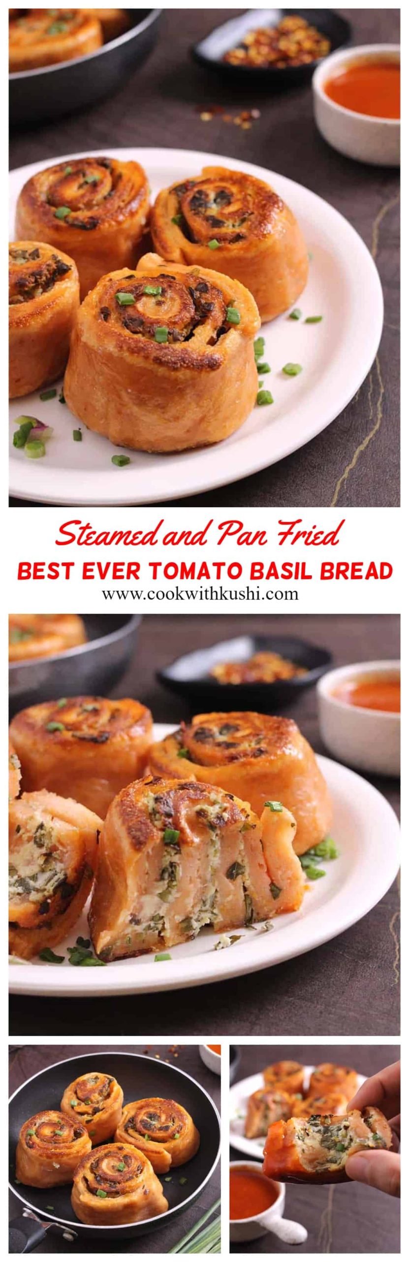 This Tomato Basil Bread is soft and delicious with crunchy exterior and flavorful filling where the dough is prepared using fresh tomatoes and stuffed with fresh basil leaves, cream cheese and spring onions (scallions). You will only be craving for more after your first bite!!#panerabread #steamedbuns #Panfried #baobuns #tomatobasil #creamcheese #tomatoes #summerrecipes #thanksgivingrecipes #christmasrecipes, #dinnersides #sidedish #vegan #vegetarian 