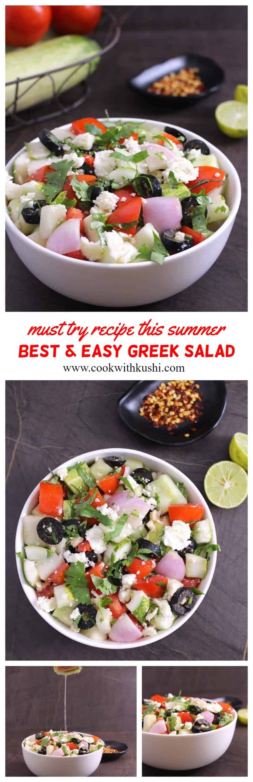 This Greek Salad is one of the best and easy, refreshing and cooling salad recipe you will try this summer. This is one of my favorite summer side dish. #salad #summersalad #rainbowsalad #healthyrecipes #dinnersides #vegetarianmeal #veganmeal #ketorecipes #Lunchideas #summerfood #bbq #4thofjuly #fourthofjuly #mediterranean