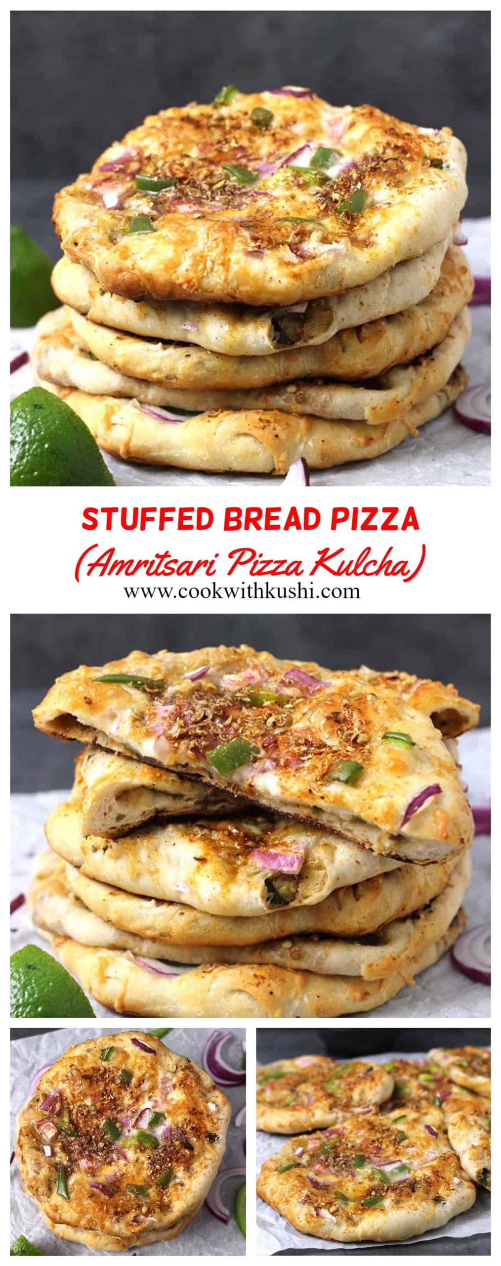 Amritsari Pizza Kulcha or Stuffed bread pizza is a variation to traditional Indian kulcha where the flatbread is stuffed with potatoes (aloo) and onion (pyaaz) along with aromatic spices and then topped with your favorite pizza toppings. #pizza #Naan #kulcha #paratha #roti #chapati #Indianbread #flatbreads 