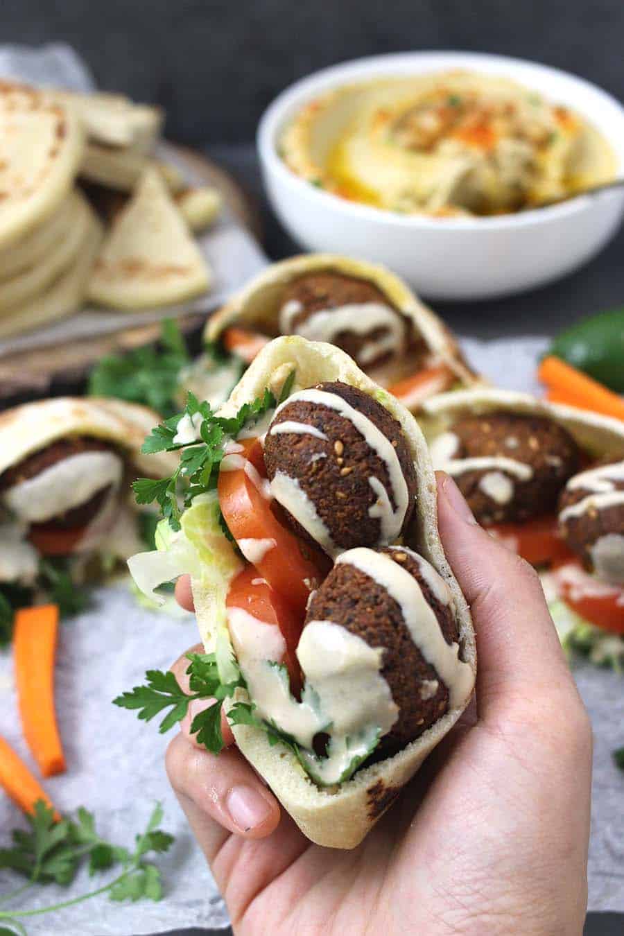 Falafel Pita Sandwich with Tahini Sauce #plantbased #dairyfree #proteinpacked #chickpeasrecipes #summer #picnic #potluck