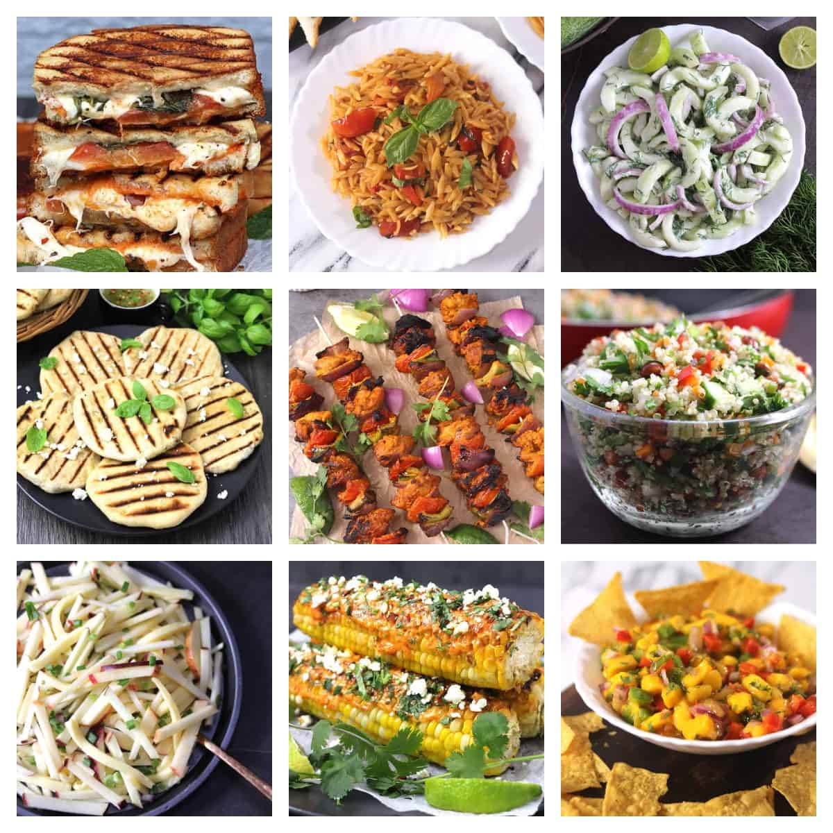 Picture of simple and best summer recipes that includes salads, grilled chicken, pasta, salsa and more. 