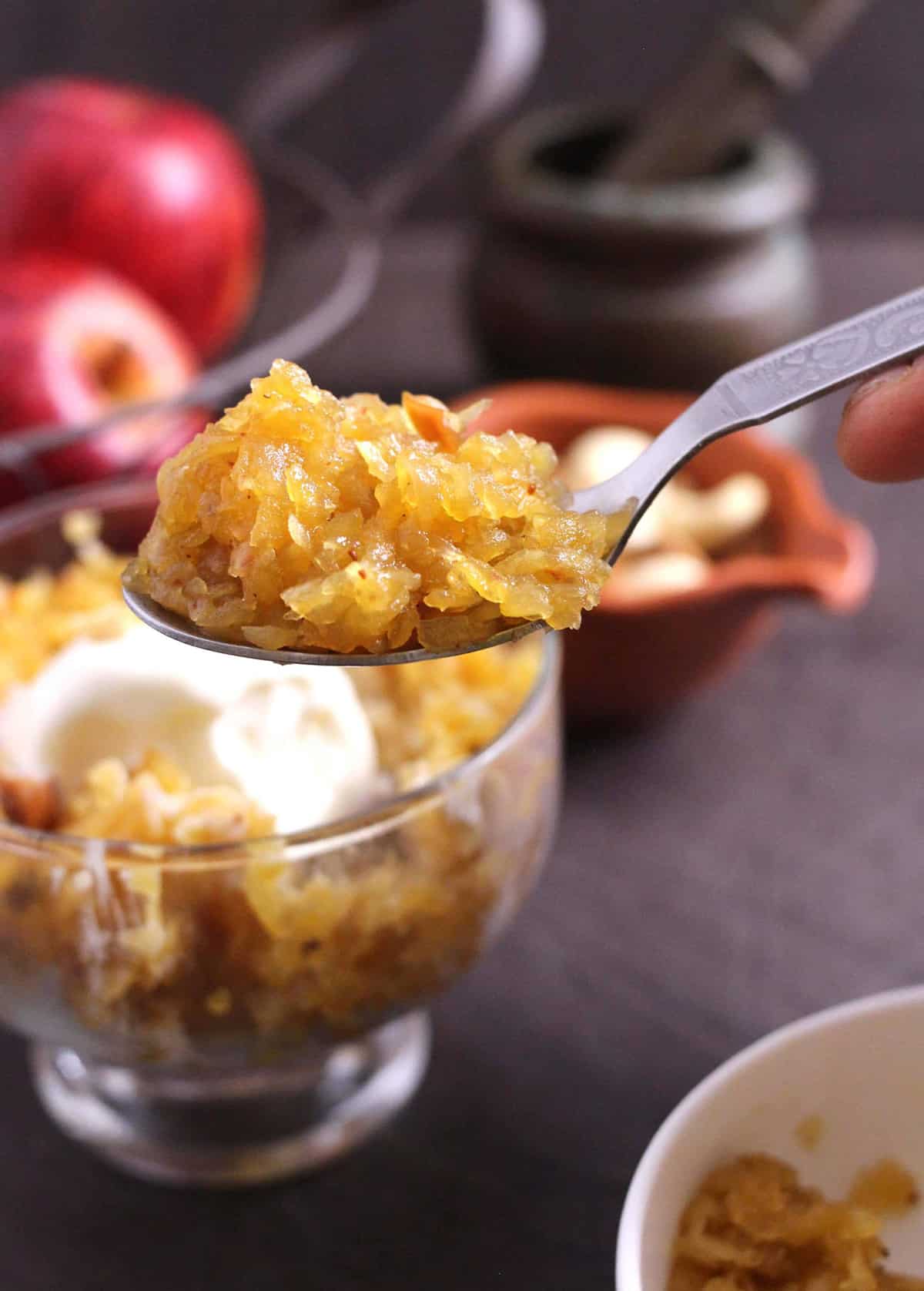 Spoonful of quick and easy, best apple halwa (pudding dessert). 