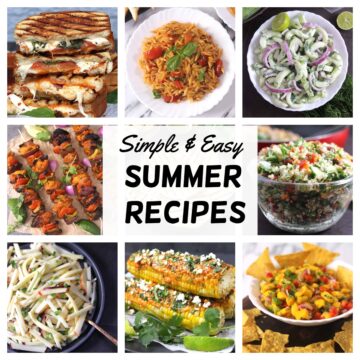 picture of easy and best summer dinner recipes that include salad, pasta, sandwich, salsa, grilled chicken and more.