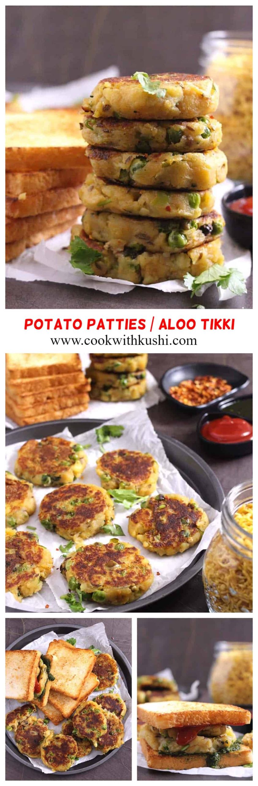 Aloo Tikki or Potato patties are quick and simple, easy to make snack recipe prepared using potatoes, peas and spices. #potatoes #aloo #tikki #chaat #patties #croquette #cutlet #mashedpotatoes #Leftovers