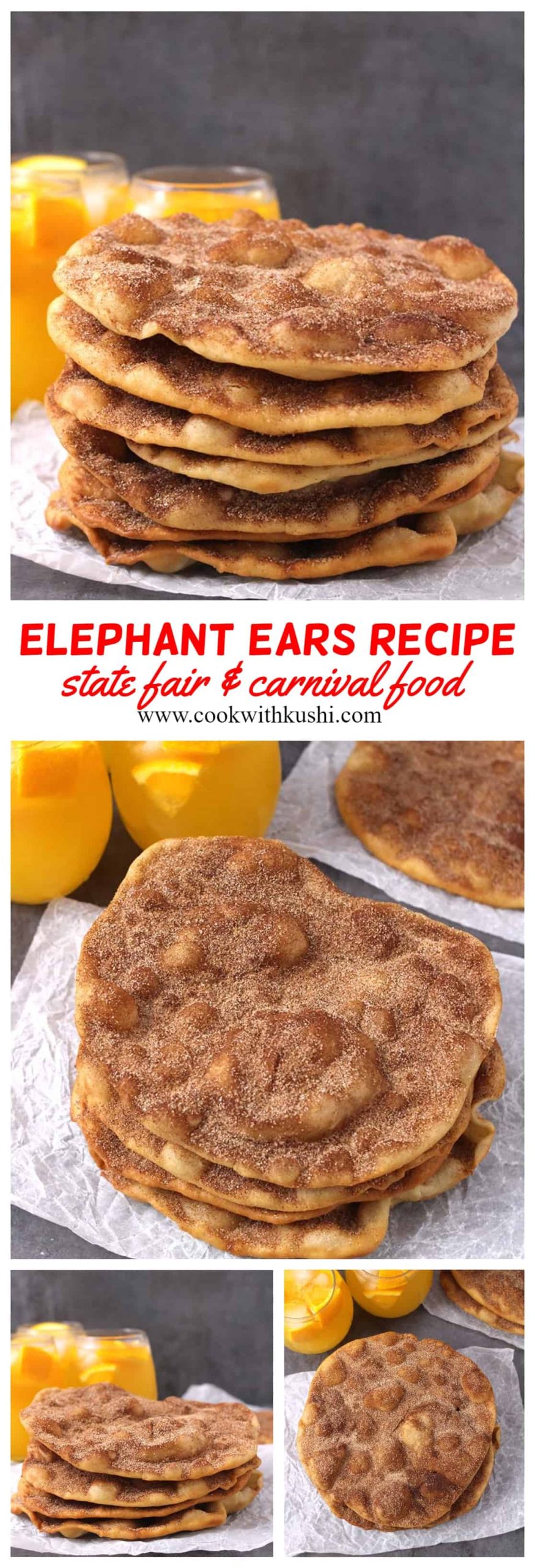 Elephant Ears are irresistibly delicious and addictive fried dough sprinkled with cinnamon sugar. This is not only simple and easy to prepare but also one of our most favorite state fair & carnival food recipe. #elephantears #statefair #carnivalfood #frybread #frieddough