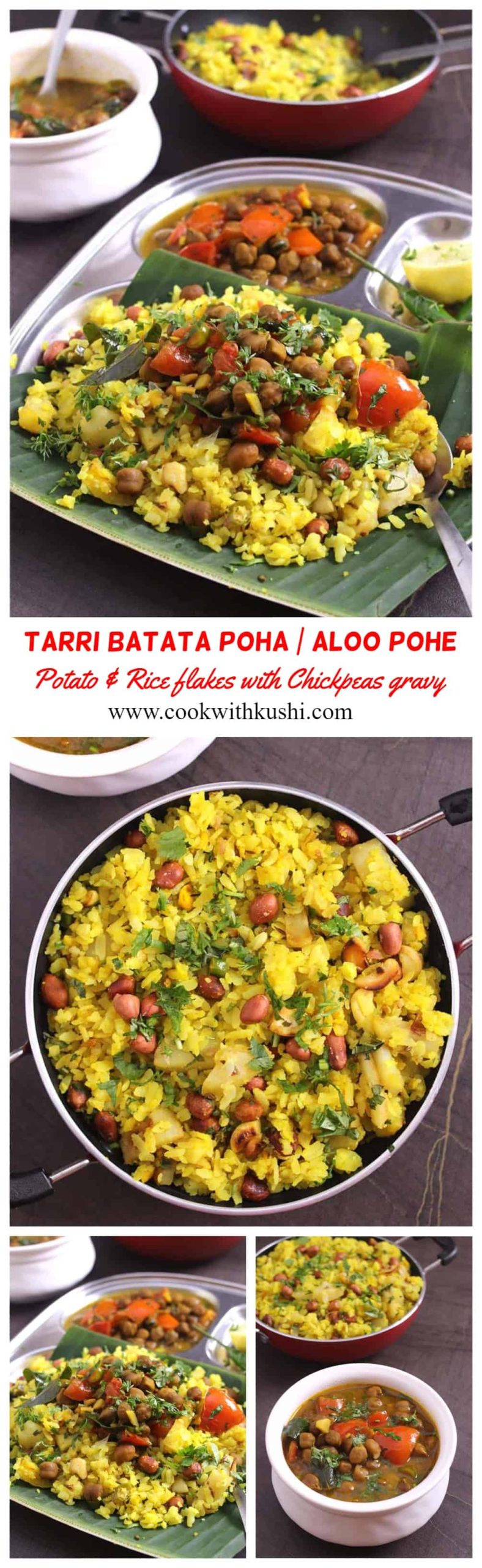 Tarri Batata Poha is a spicy and flavorful, protein-packed, easy-to-make breakfast recipe prepared using chickpeas, poha (rice flakes), and batata (potato) as the main ingredients. #riceflakes #chickpeas #vegan #glutenfree #instantpot #Breakfast #snack #Noonionnogarlic