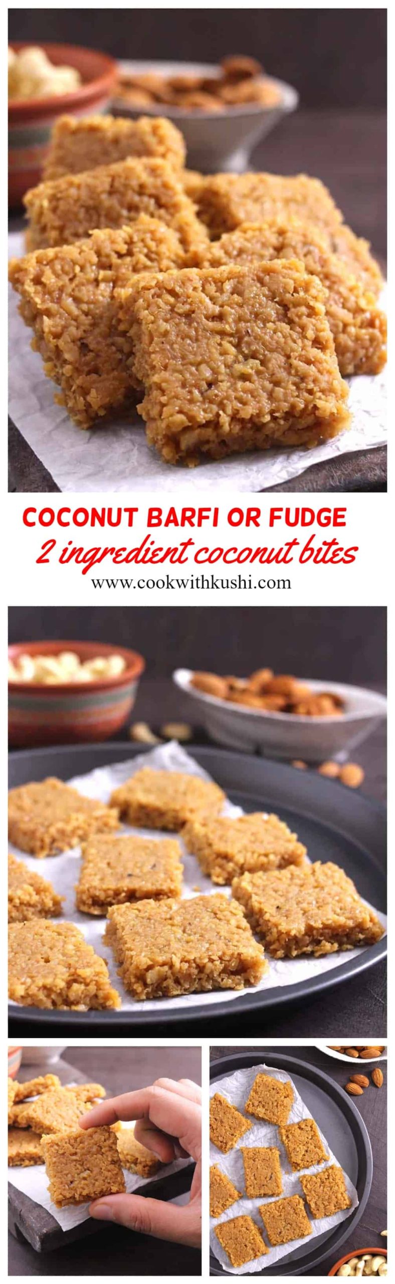 Coconut Barfi is a melt-in-mouth, flavorful, and addictive Indian sweet recipe prepared using just 2 ingredients in less than 30 minutes. #fudge #Nobake #desserts #Bites #nosugar #nomilk #vegean #vegetarian #Keto #paleo