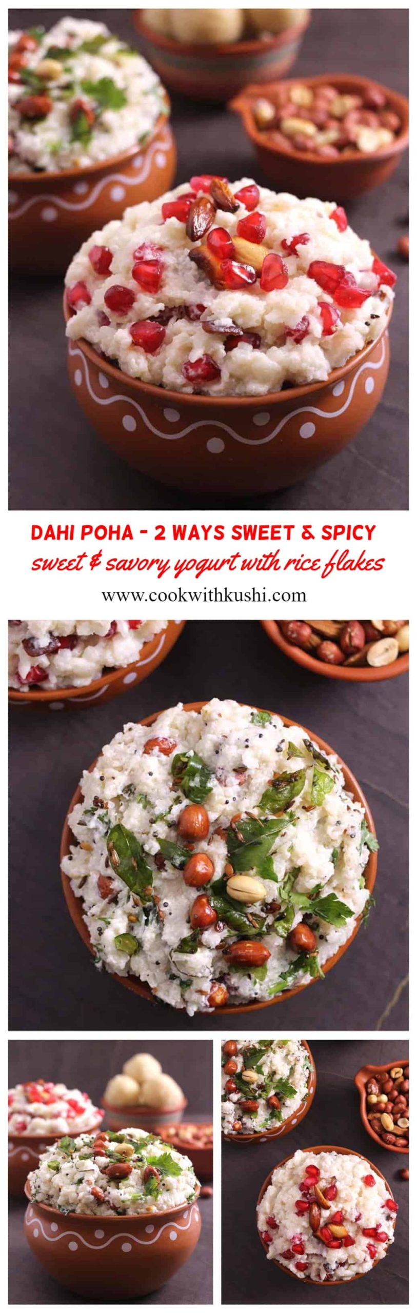 Dahi Poha (Curd Poha or Yogurt with rice flakes), is quick and easy to make, cooling and refreshing recipe prepared in 2 ways (sweet & spicy version) in less than 20 minutes. No cooking required. Only tempering.