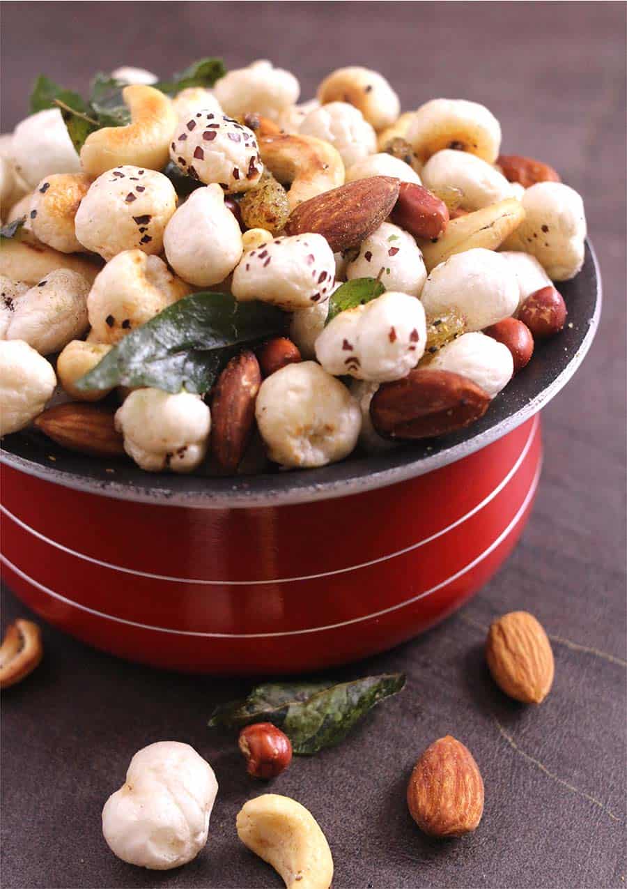 Roasted Phool Makhana Recipe with dry fruits and nuts, fasting, upvas, vrat, falahari food 