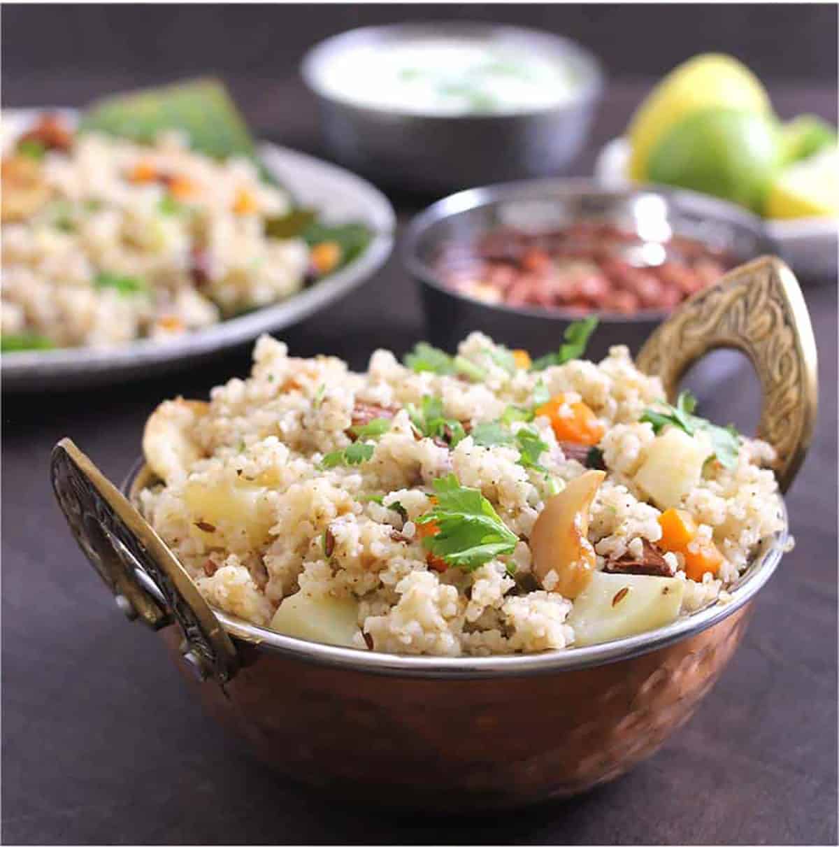 One pot or One pan samak chawal, samvat rice or millet pulao served on copper pan