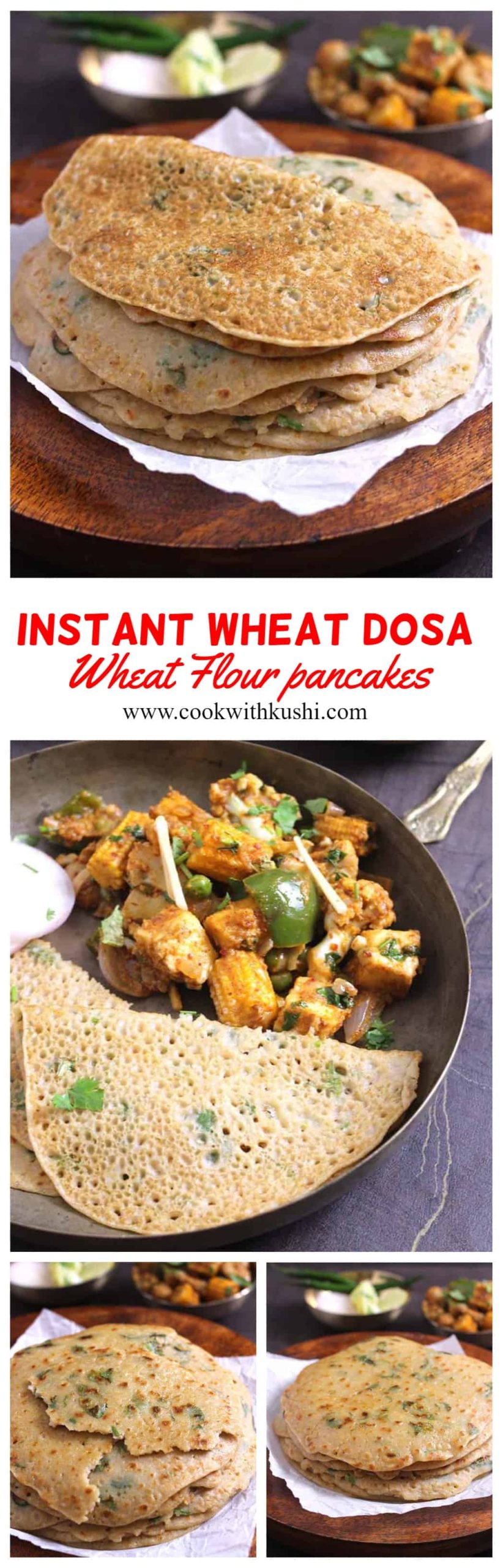 Instant wheat dosa is one of the easiest and tasty, healthy recipes prepared in less than 20 minutes for breakfast, lunch, or dinner #dosa #indianfood #indianpancakes #batter #Ingredients #nofermenattion