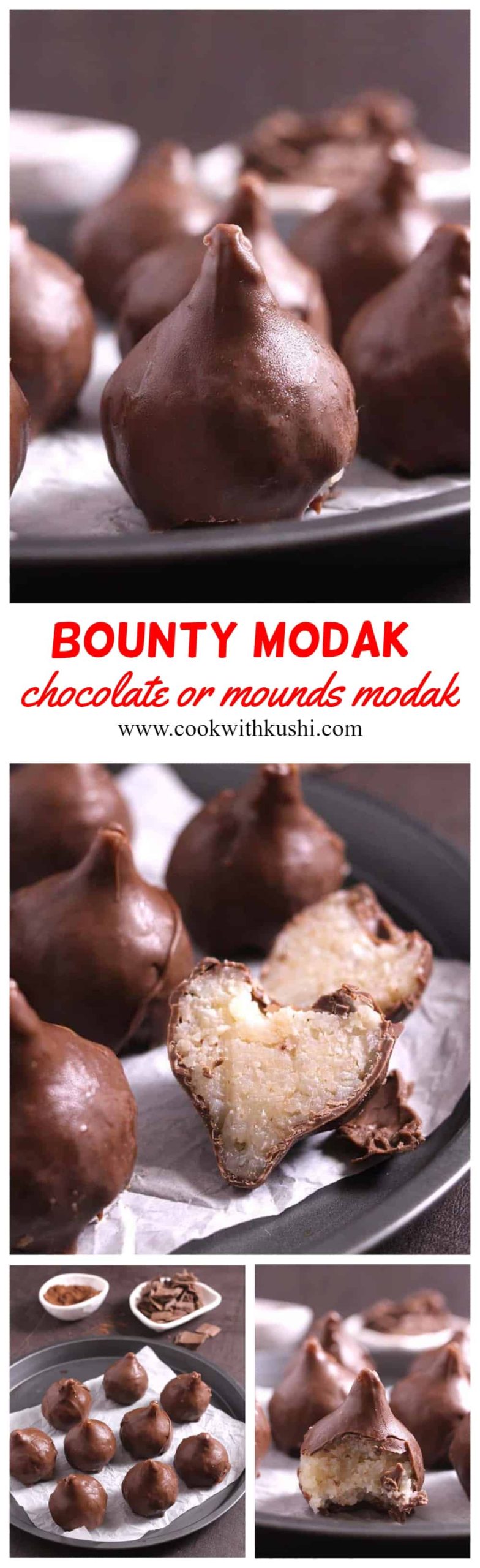 Bounty Modak or Chocolate Modak is a rich and creamy, addictive and melt-in-mouth recipe that you should try for Ganesh Chaturthi this year. #mounds #bounty #coconutbars #chocolate #Homemade #Modak
