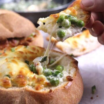 Creamed peas in homemade bread bowl. How to make cream peas. #buttercreamsauce #thanksgivingsides