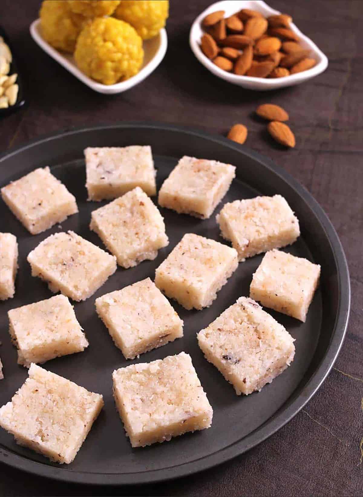 3 ingredient simple, easy to make coconut burfi (nariyal ki barfi) without milk for Indian festivals.