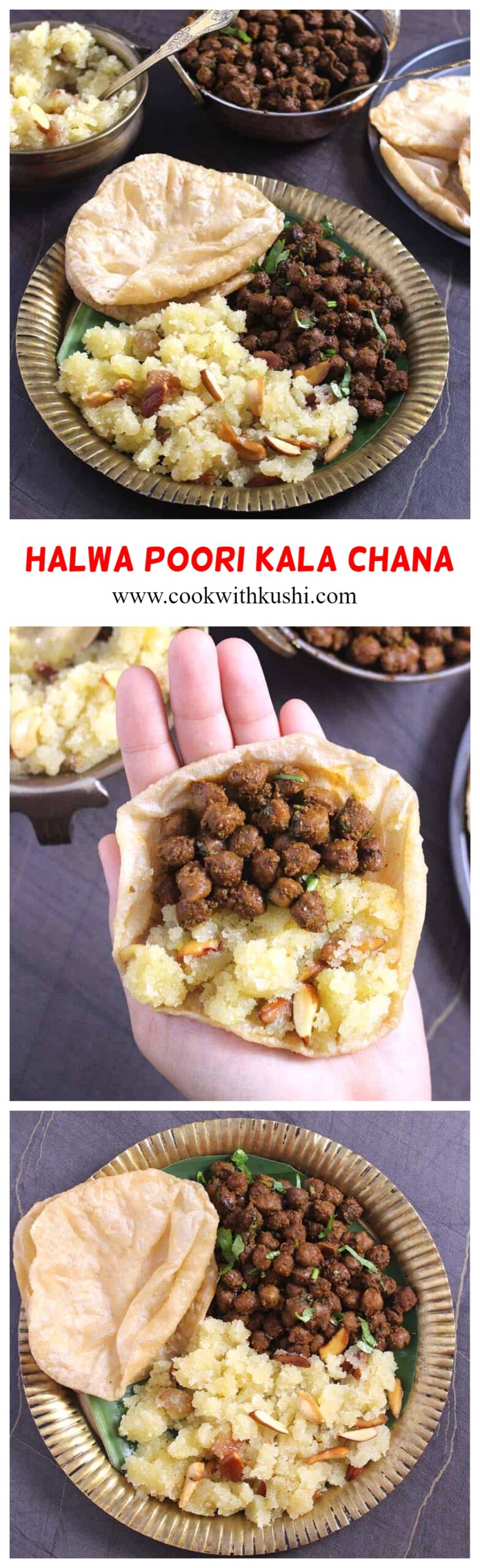 In this post, you will learn how to make three recipes - Halwa (Sheera recipe or Suji Ka Halwa), Sookha or Dry Kala Chana or Cholay, and Poori (Puri). #halwa #puri #chana #prasad