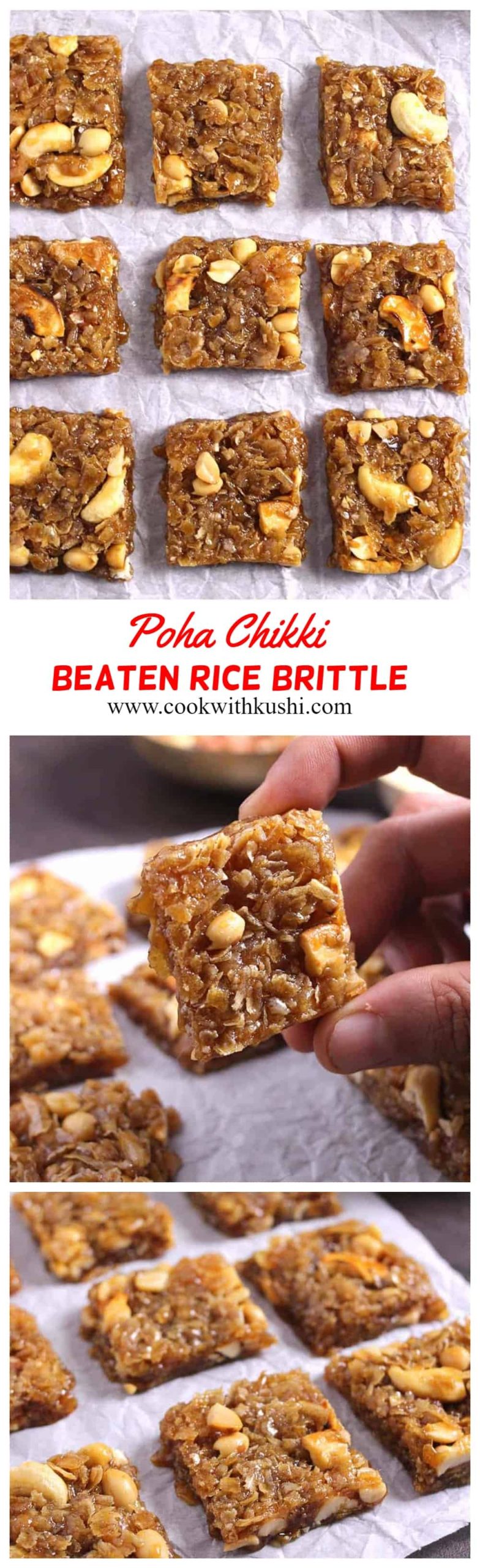 Poha Burfi or Chikki is an aromatic Indian snack bar that is chewy and crunchy prepared using poha (beaten rice), peanuts, and cashews in less than 30 minutes. The texture of this bar is actually between barfi and chikki (brittle). #poha #Pohe #chikki #Brittle #Indiansweets #snackbars