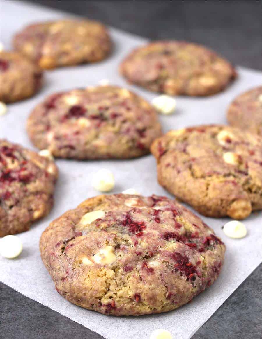 Subway style raspberry white chocolate chip cookies