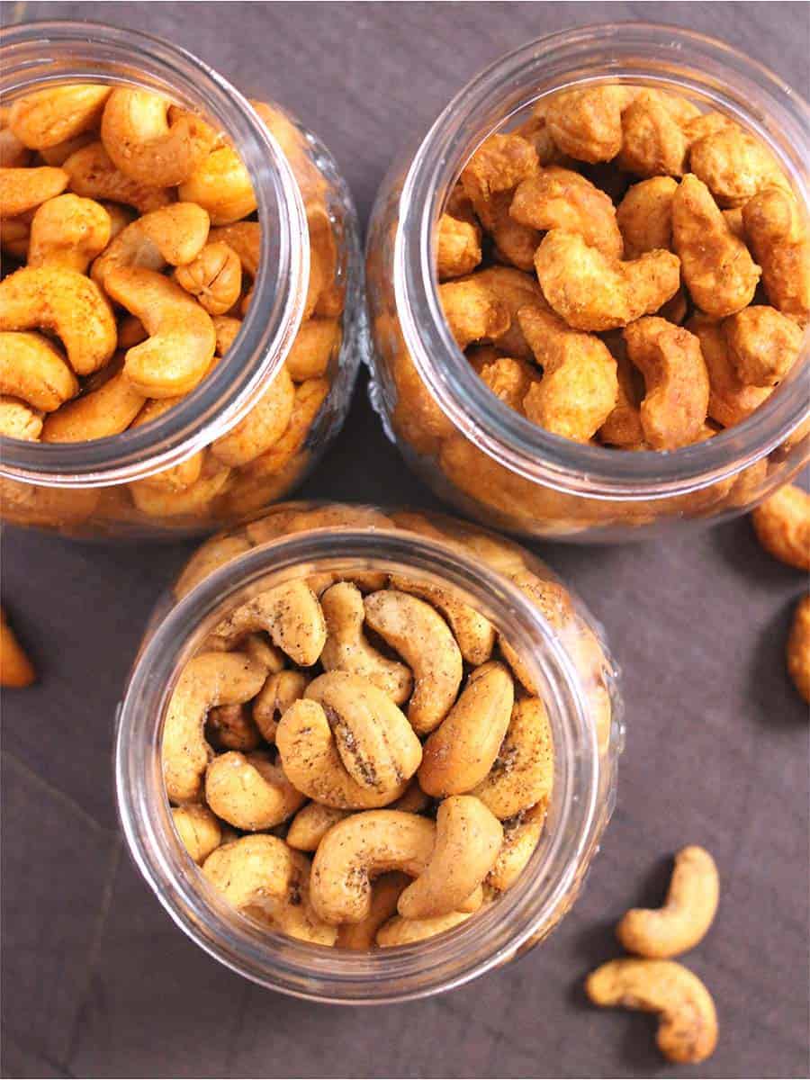 Roasted Cashews, Masala Kaju - 3 different flavors deep-fried, air fryer, oven, microwave #snacks