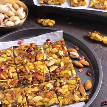 dry fruit chikki, mixed nut brittle, cashew, almond, pistachios, kaju, badam, peanuts, groundnut