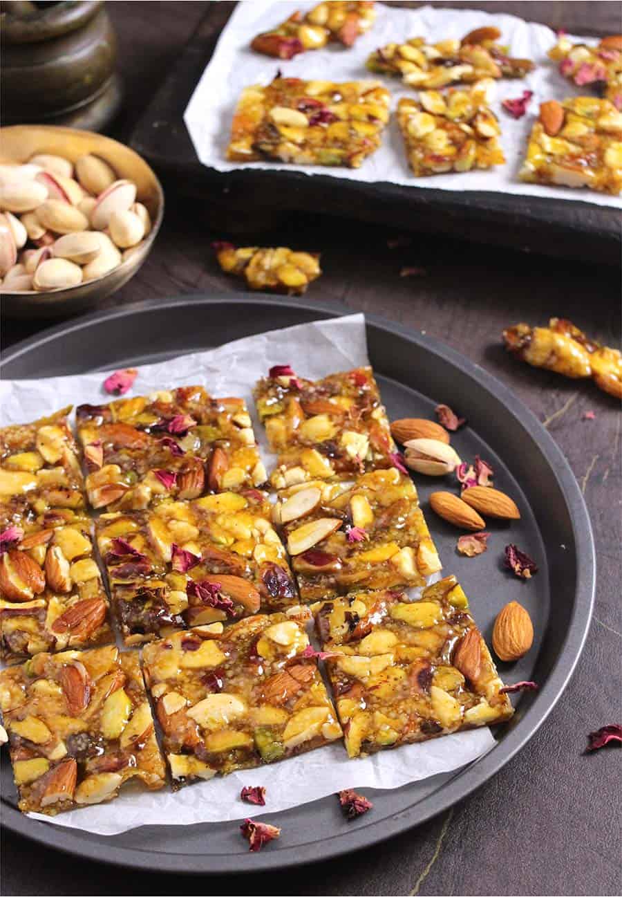 dry fruit chikki, mixed nut brittle, cashew, almond, pistachios, kaju, badam, peanuts, groundnut