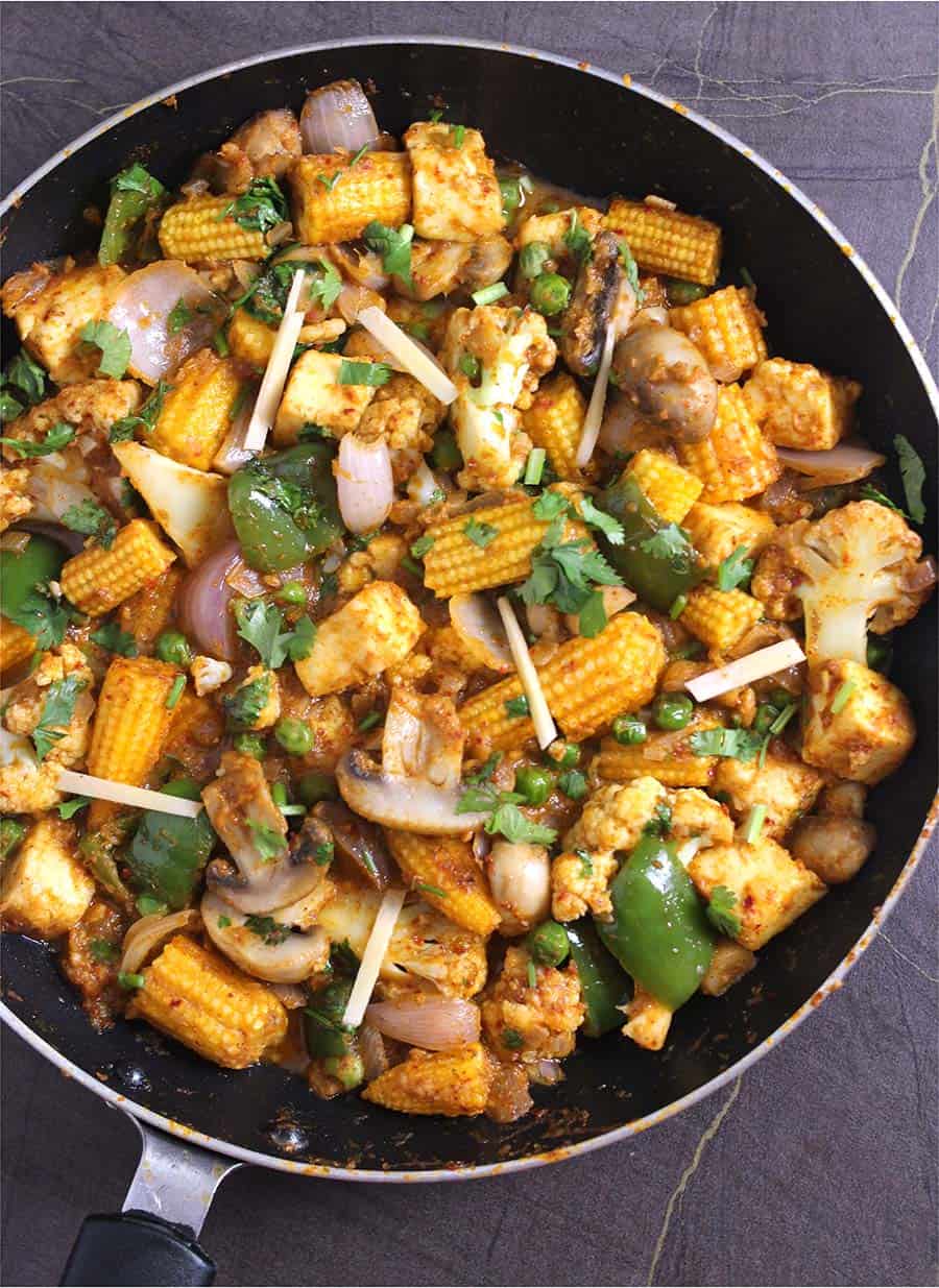vegetarian dinner and lunch recipes, dhungar method, restaurant style dhaba style veg paneer kadai
