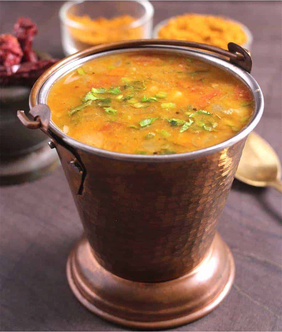 sambar recipe, udupi, tamil, madras, kerala style, drumstick, brinjal, pearl onion, lentil stew