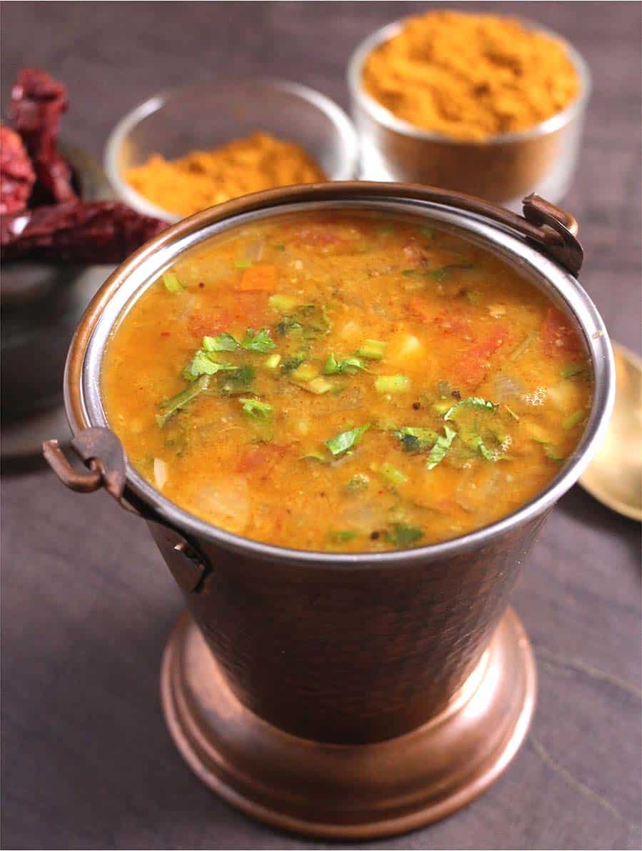 udupi style sambar recipe, hotel, restaurant, temple style samba rasam, make-ahead spice mix powder