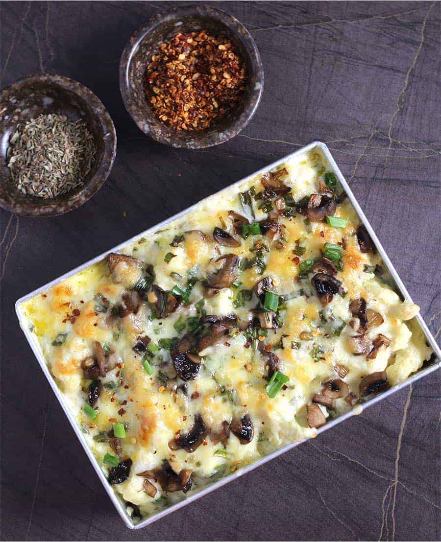 cauliflower mushroom potato casserole bake, bacon, vegetarian