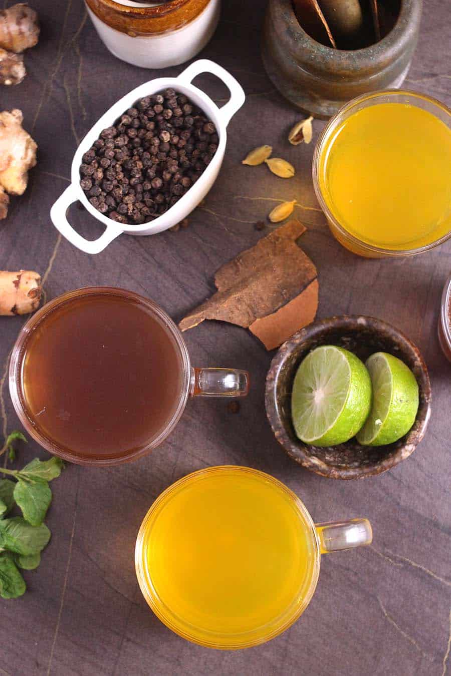 fresh ginger mint turmeric tea, adrak pudina, haldi chai, winter recipes for cough, cold, flu
