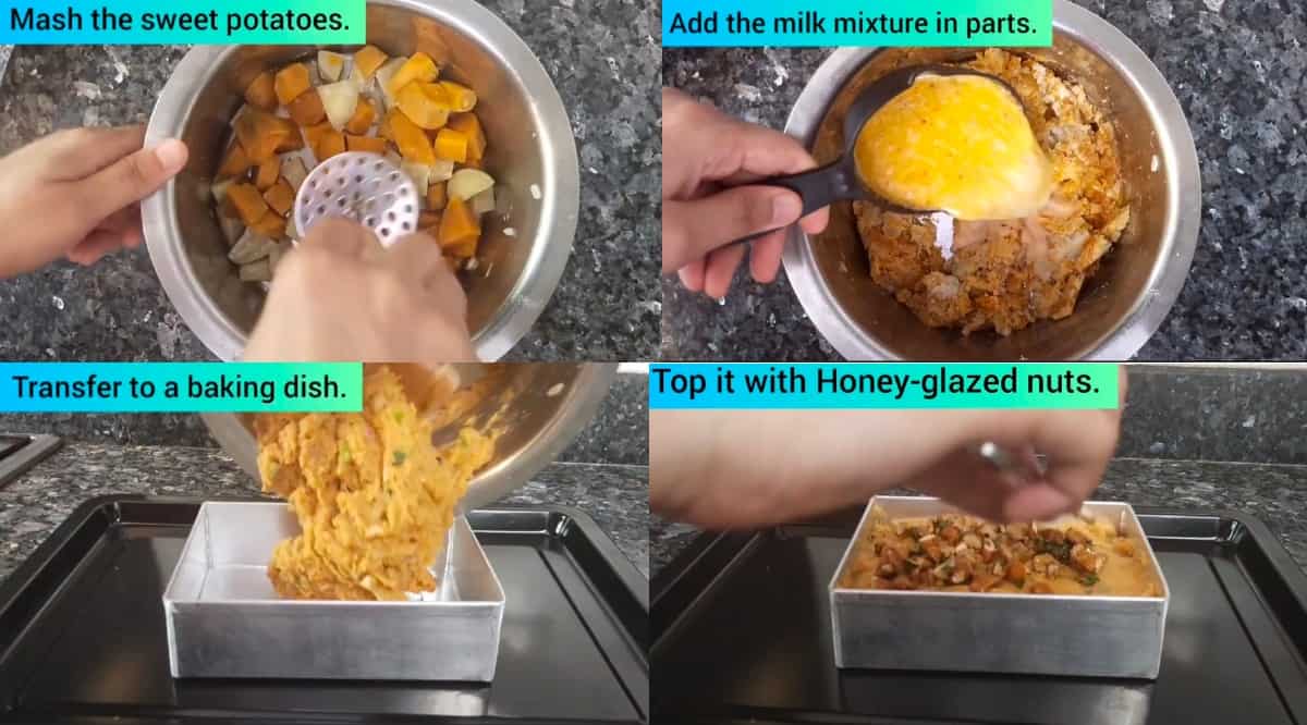 step by step images on baked sweet potato casserole dish 