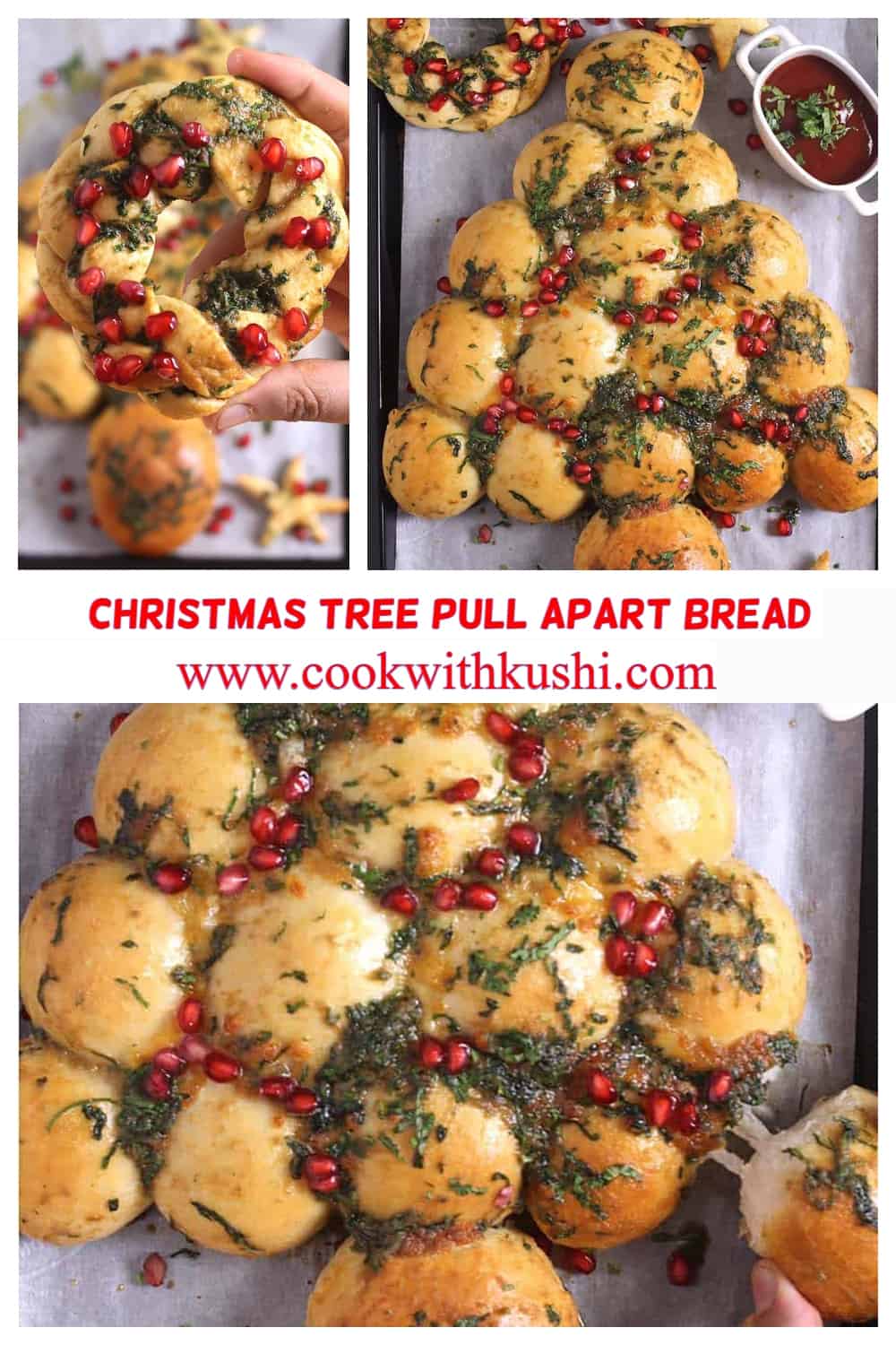 3 images of christmas tree pull apart bread recipe 