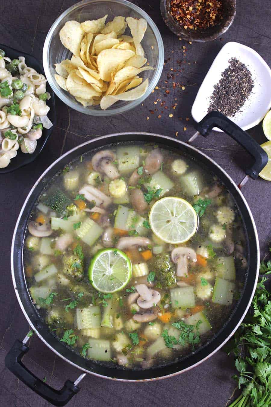 easy healthy clear soup with vegetables, mix veg lemon coriander soup, detox soup for weight loss 