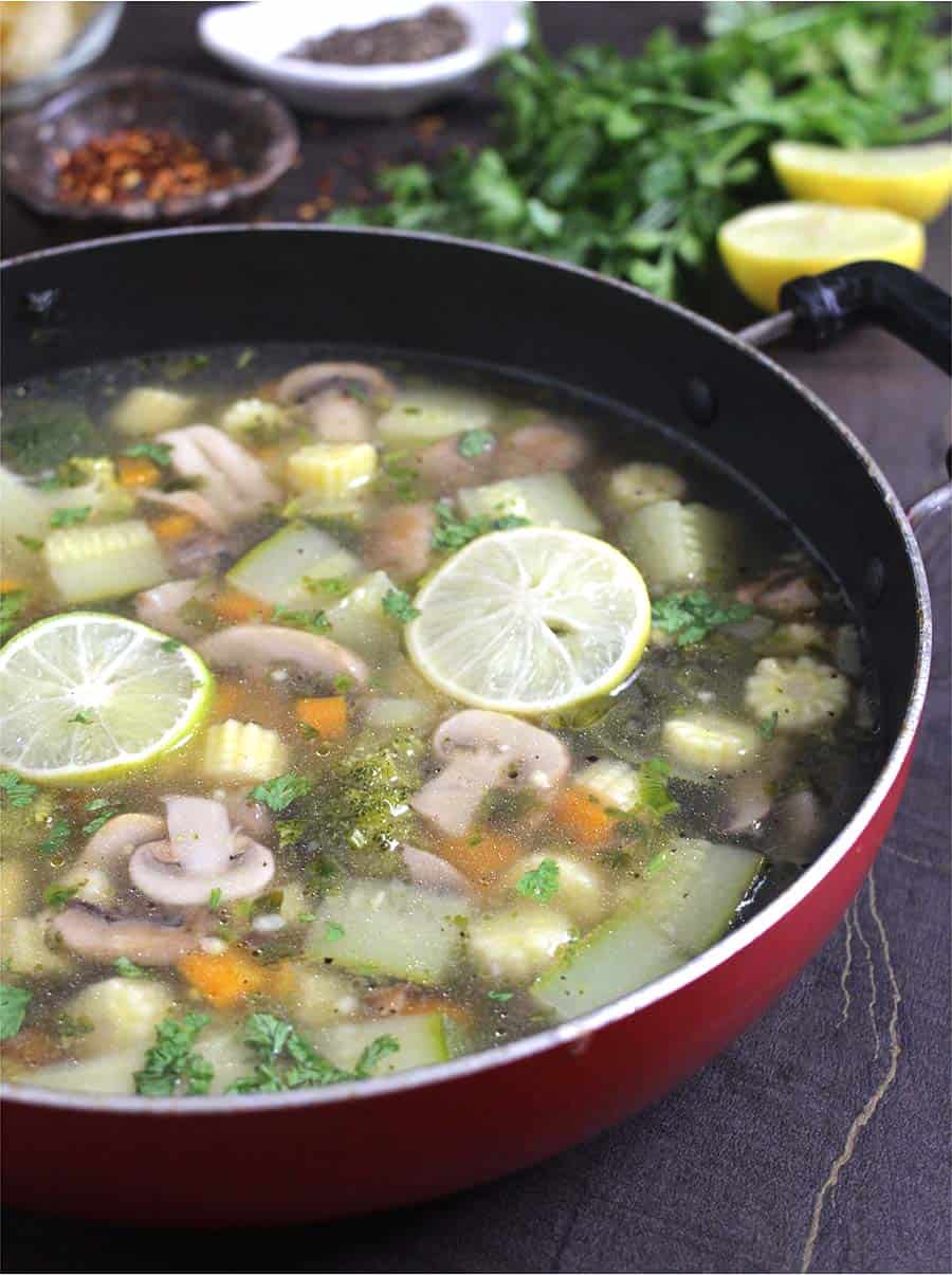 easy & healthy clear soup with vegetables, mix veg lemon coriander soup, detox soup for weight loss 