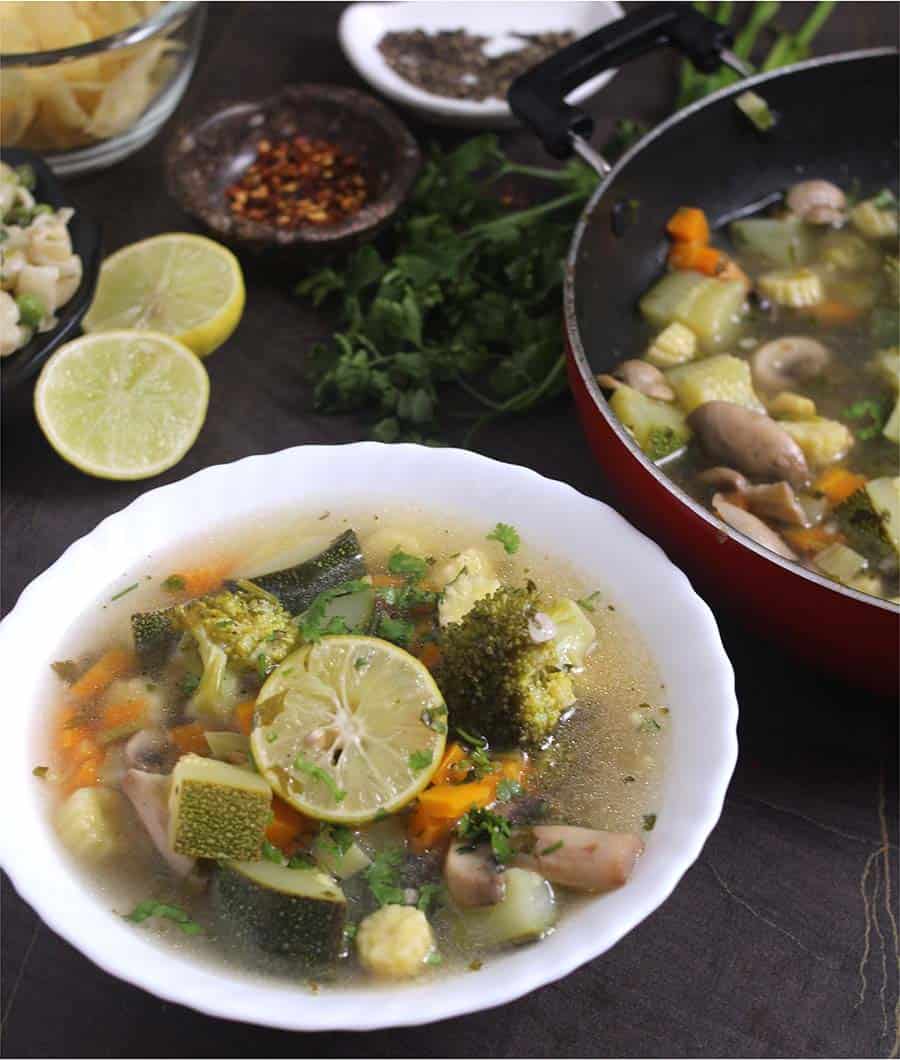 broccoli, mushroom, carrot, zucchini clear soup, clear broth soup instant pot, chicken lemon coriander