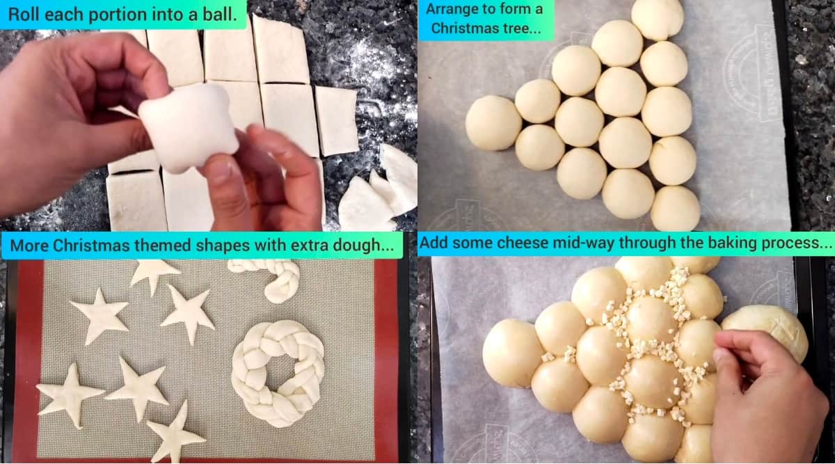 Shaping of pull apart christmas tree, christmas wreath bread with pizza dough