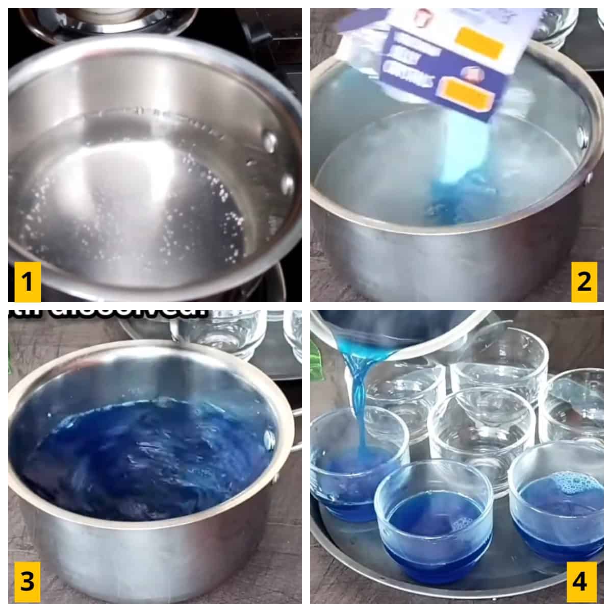 Making of blue jello dessert.