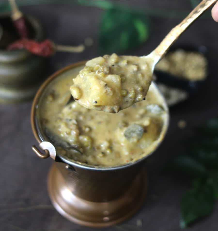 green gram potato curry, sprouted mung bean recipes, protein packed Indian recipes #konkanirecipes