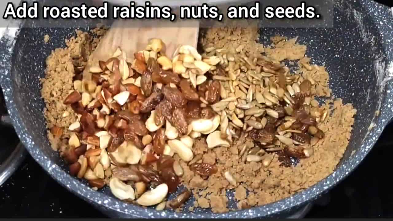 Add roasted nuts and seeds. 