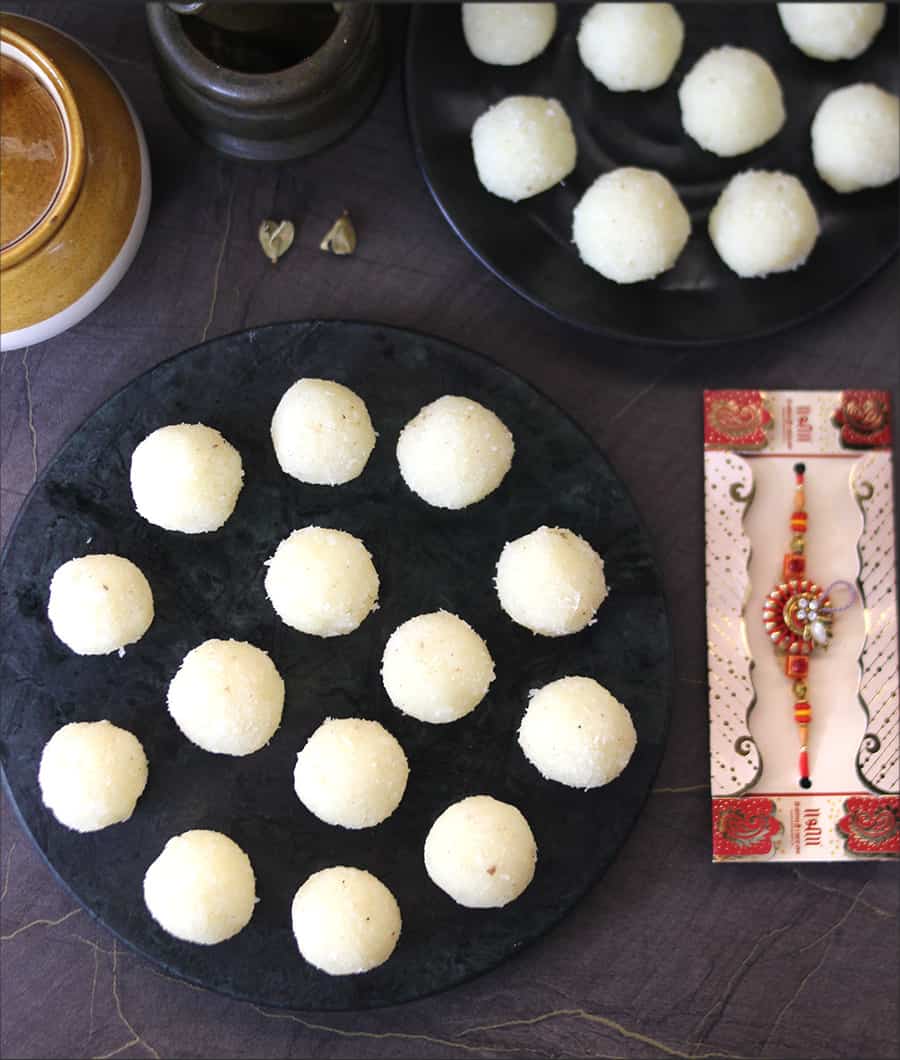 how to make coconut ladoo nariyal laddu with sugar, jaggery (gur, gud), condensed milk (milkmaid)