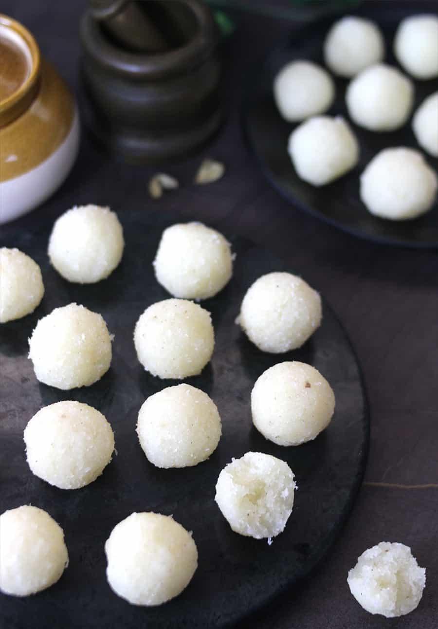 how to make coconut ladoo nariyal laddu with sugar, jaggery (gur, gud), condensed milk (milkmaid)