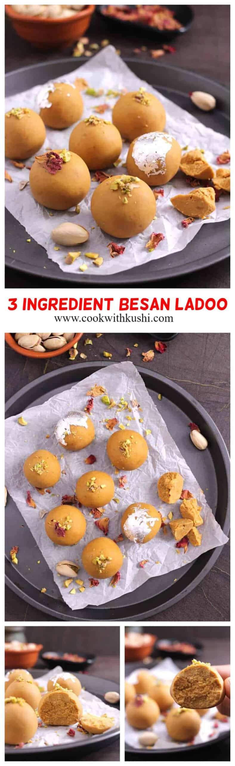A collage of pictures of Besan Laddus arranged on a board.