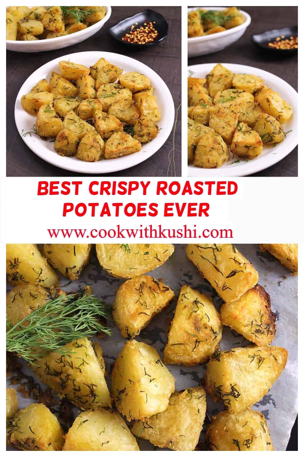 Collage of shots showing roasted garlic herb potatoes. These garlic roasted potatoes are crisp on the outside, fluffy and creamy on the inside, and super easy to prepare. Therefore these roasted potatoes are a perfect side dish or appetizer for any meal. #Potatosidedish #crispypotatoes #roastedpotatoes #bakedpotatoes #ovenroasted #panroasted #grilled #airfryer #instantpot #microwave #potatorecipes #dill #rosemary #garlic #herb #idaho #russet #yukongold