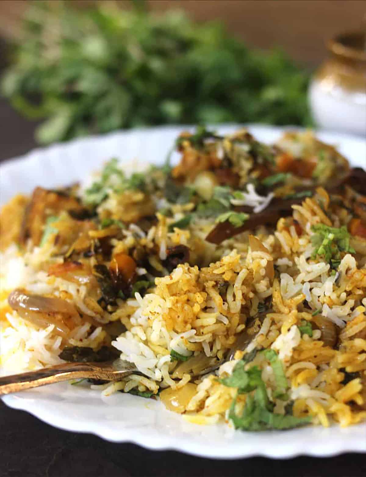 side view of chicken biryani served in a white plate.