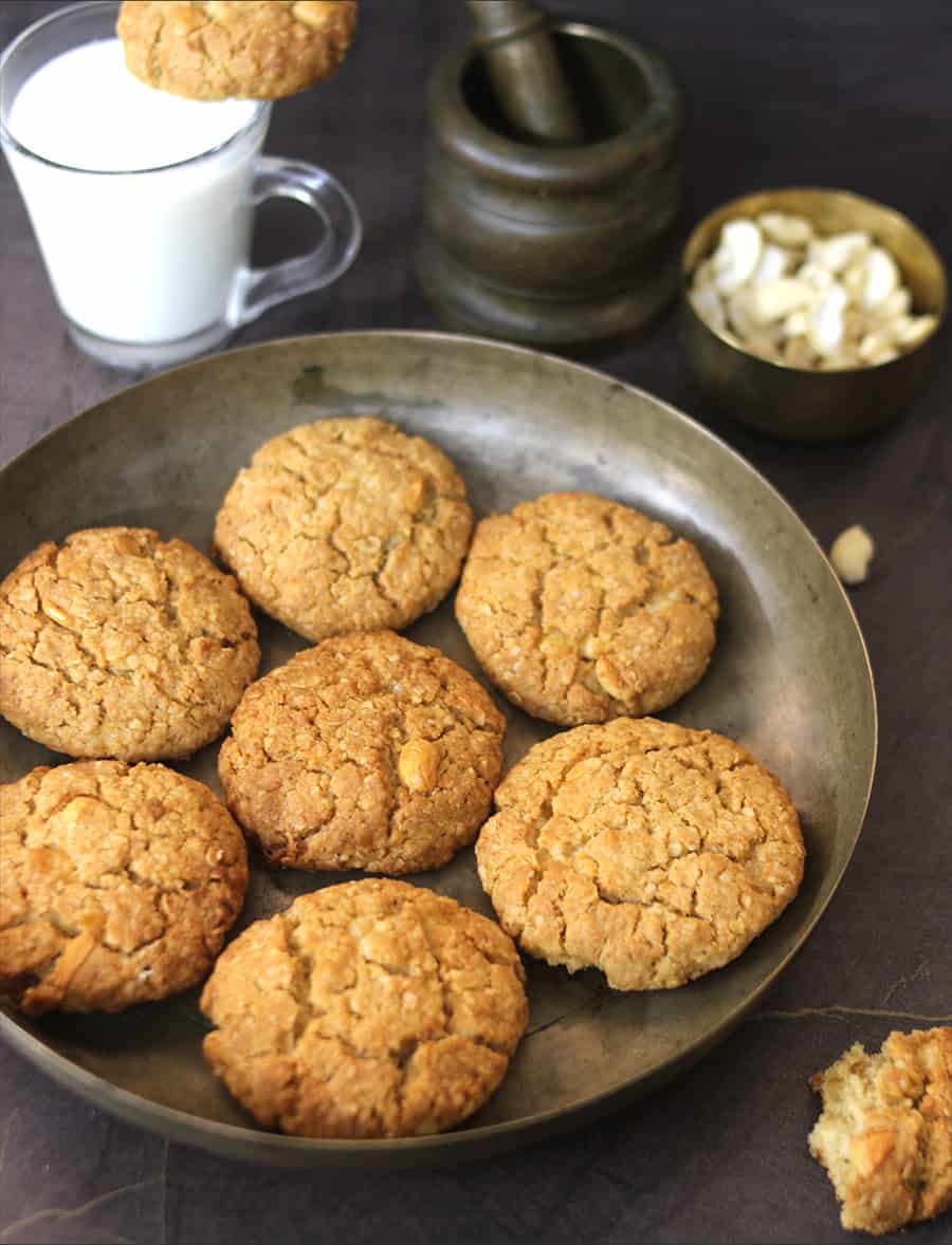 healthy cookies with oats, oatmeal and jaggery in brass plate